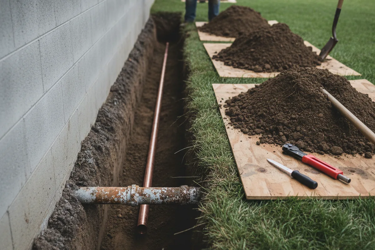Excavated water line trench during Sewer Line Repair in Clinton
